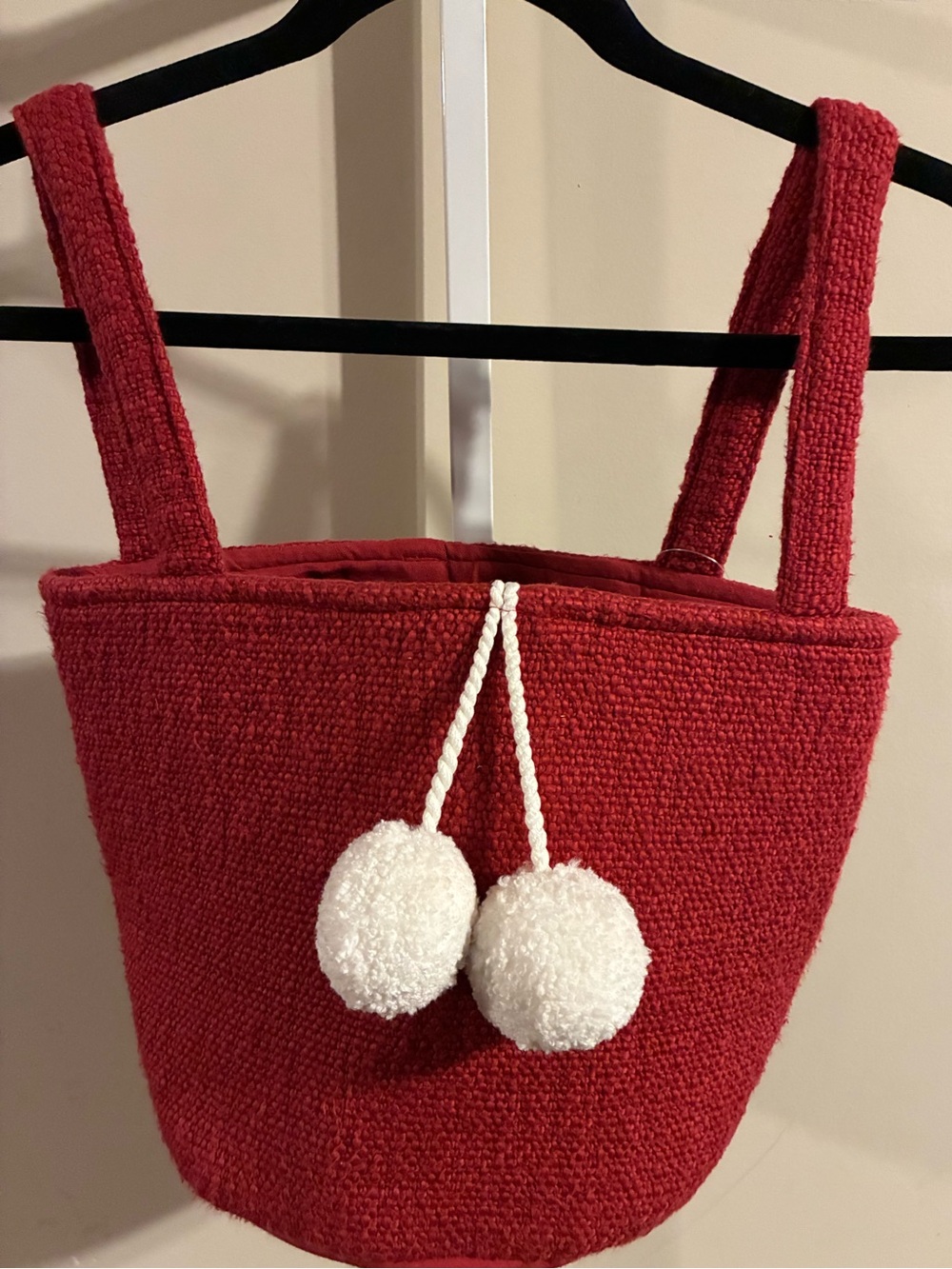 Hallmark Red Knit Tote Bag with Fabric Interior and White PomPoms